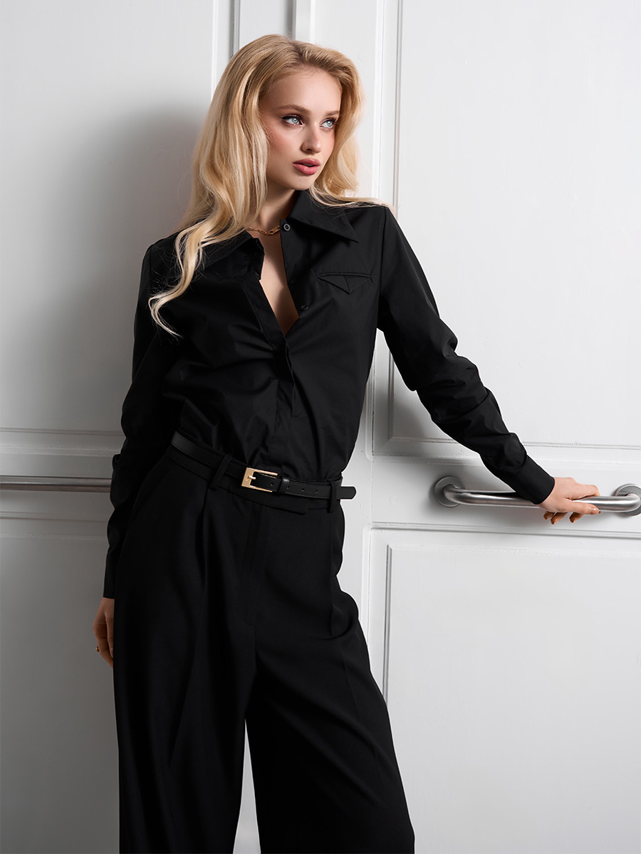 Сорочка чорного кольору з кишенею конвертик 1